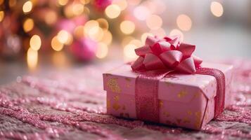 AI generated Elegant Pink Gift Box on Pink and Gold Blurred Background photo