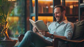 ai generado contento hombre leyendo un libro, ocio y contentamiento foto