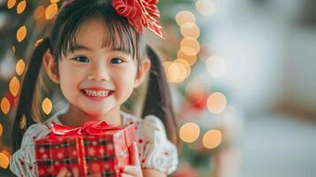 AI generated Little Girl with Joyful Smile Holding Red Gift Box, Holiday Celebration photo