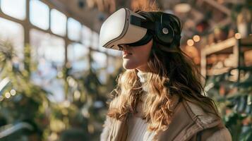 AI generated Embrace the Future, Female Shopper Explores Sustainability Strategies in the Metaverse with VR Headset photo