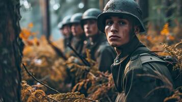 ai generado grupo de joven soldados en militar uniforme en pie en un bosque foto