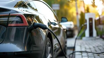 ai generado cargando el futuro, eléctrico coche batería a un verde energía ev cargador estación foto