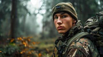 ai generado joven soldado en militar uniforme, sin emociones bosque mirar fijamente foto