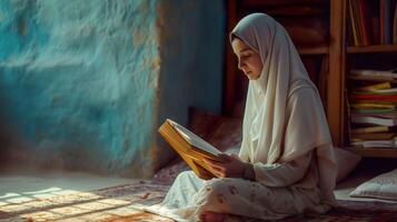 AI generated Islamic Woman Studying, Focused Education and Concentration photo