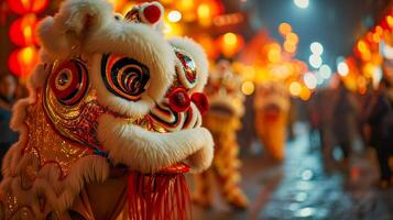 ai generado león danza celebracion, chino nuevo año tradicion en vibrante formar foto