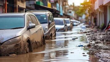 ai generado natural desastre secuelas, inundado carros en urbano calles foto