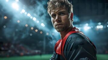 ai generado rugby jugador en acción, lleno cuerpo retrato en estadio foto