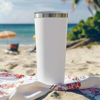 AI generated Beach Essentials, Blank White Tumbler on Sandy Towel photo