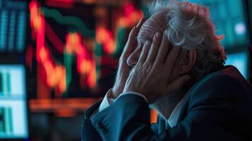 AI generated Financial Crisis Anxiety, Senior Man in Bear Market Panic photo