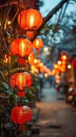 ai generado chino nuevo año linternas, vibrante celebracion en barrio chino foto