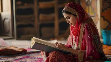 ai generado islámico mujer estudiando, enfocado educación y concentración foto