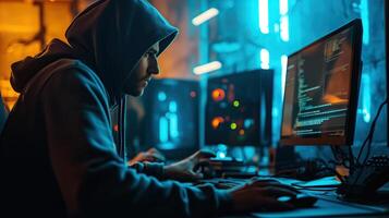 AI generated Hacker committing digital cybercrime in front of computer photo