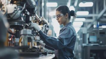 AI generated Confident Female Worker, Operating High-Tech Machinery in Automotive Manufacturing photo