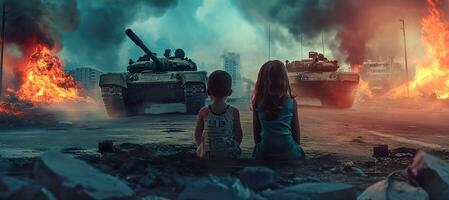 AI generated innocence Amidst Chaos, Children in the Aftermath of War photo