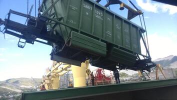 Industrial seaport. The rotation of the car with grain using a tower crane photo