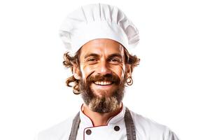 ai generado sonriente masculino profesional cocinero en Servicio uniforme, blanco antecedentes aislar. foto