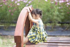 A young girl sits on a wooden bridge happily watching the flowers bloom. photo