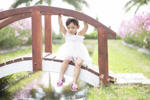 A young girl sits on a wooden bridge happily watching the flowers bloom. photo