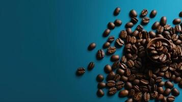 Coffee Beans on Blue Background. Copy Space. Ai Generated. High quality photo