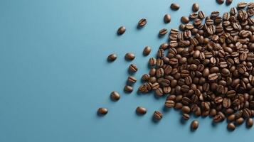 Coffee Beans on Blue Background. Copy Space. Ai Generated. High quality photo