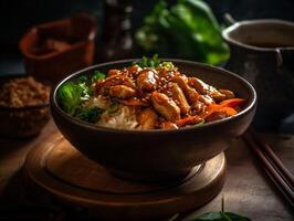 ai generado cuenco de oriental alimento, asiático wok con fideos, camarones, pollo, arroz. ai generativo. alto calidad ilustración foto