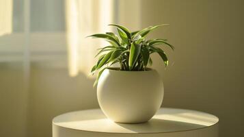 AI generated a white house plant pot sitting on a wooden table photo