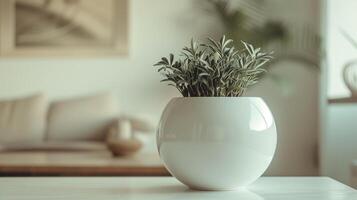 AI generated a white house plant pot sitting on a wooden table photo