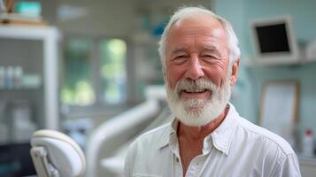 ai generado un contento mayor hombre poses para el cámara a el del dentista oficina foto