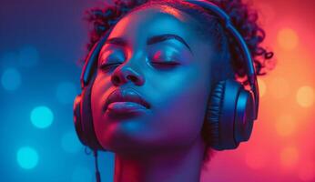 AI generated young woman wearing headphones in blue light photo