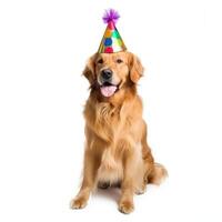 AI generated cute dog in birthday cap isolated photo