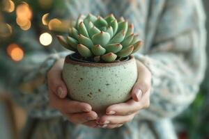 AI generated person holding succulent in a pot photo