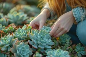 ai generado mujer utilizando un mano a cuidado para suculento plantas foto