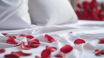 AI generated rose petals sprinkled on clean white bed sheet photo