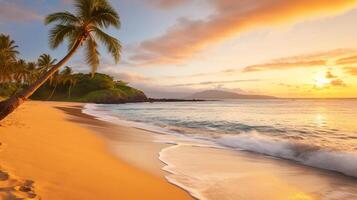 ai generado hermosa playa con Coco árbol y dorado cielo a puesta de sol foto