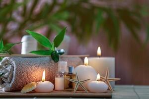 Beautiful spa composition on bamboo mat photo