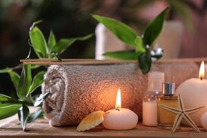 Beautiful spa composition on bamboo mat photo