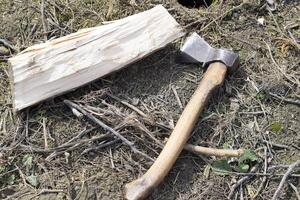 Chopping wood with an ax photo