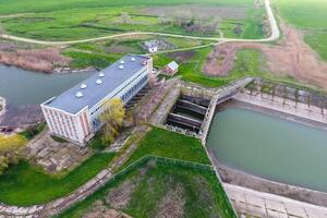 Water pumping station of irrigation system of rice fields. View photo