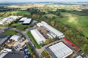 An Aerial View of Warehouse Buildings at Business Retail Park at Northampton City of England, UK, October 25th, 2023 photo