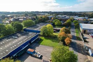 An Aerial View of Warehouse Buildings at Business Retail Park at Northampton City of England, UK, October 25th, 2023 photo