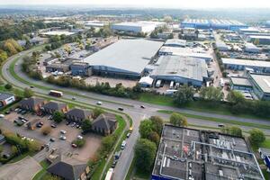 An Aerial View of Warehouse Buildings at Business Retail Park at Northampton City of England, UK, October 25th, 2023 photo