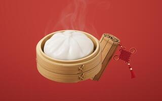 chino comida baozi en comida buque de vapor, 3d representación. foto