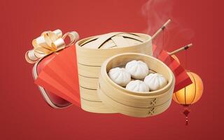 Chinese food baozi in food steamer, 3d rendering. photo