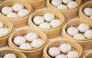 Chinese food baozi in food steamer, 3d rendering. photo