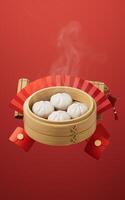 chino comida baozi en comida buque de vapor, 3d representación. foto