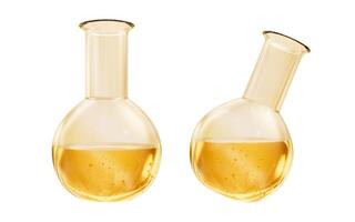 Chemical glassware with golden liquid, 3d rendering. photo