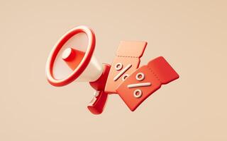 Loudspeaker and red discount coupon tickets, 3d rendering. photo