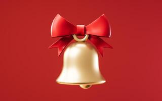 Golden bell and red bow-knot, 3d rendering. photo