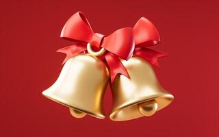 Golden bell and red bow-knot, 3d rendering. photo