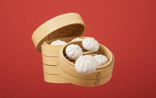 Chinese food baozi in food steamer, 3d rendering. photo